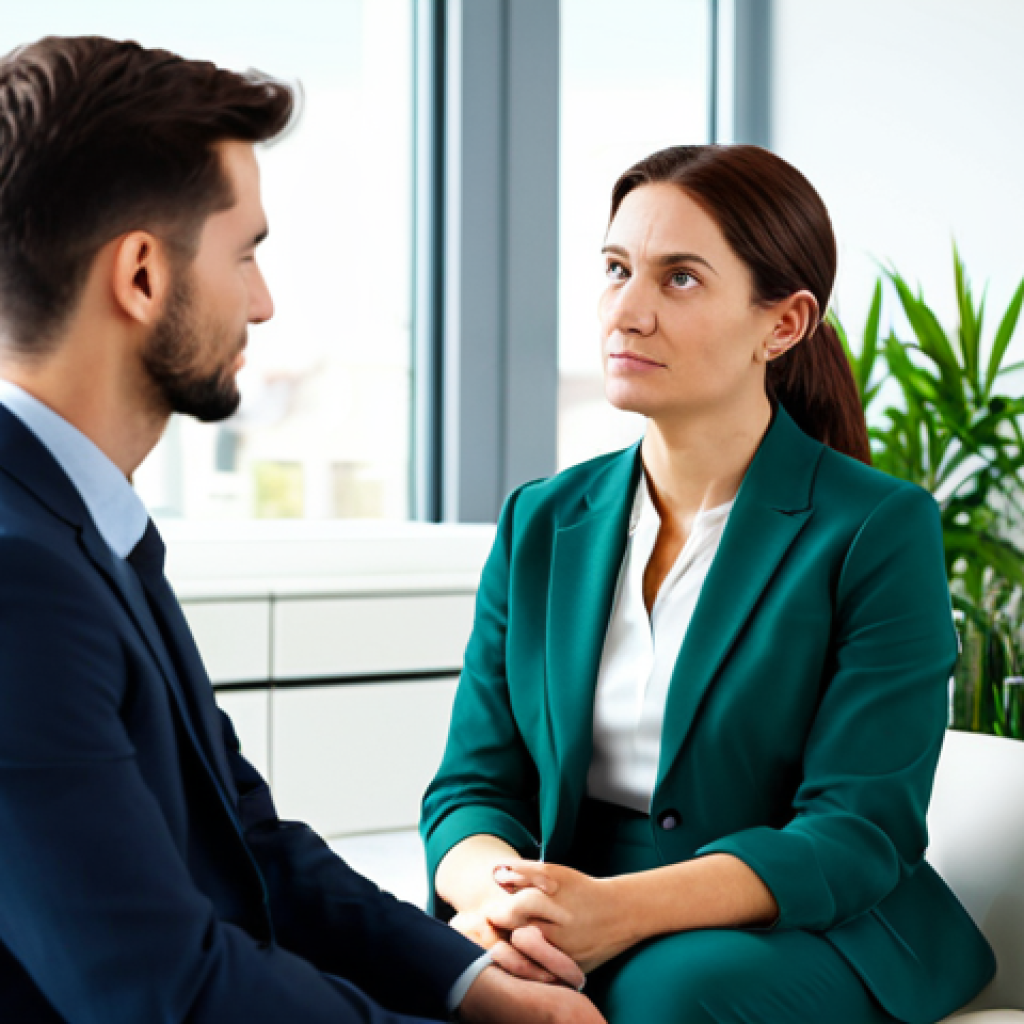 A professional female psychologist in a modest business suit, seated comfortably, engaged in an active listening pose with a male client. The male client is in professional attire, speaking calmly, demonstrating deep thought. They are in a modern, well-lit therapy office, designed with a calming color palette and a few green plants. The atmosphere is one of trust, empathy, and professional guidance. Fully clothed, appropriate attire, professional dress, safe for work, appropriate content, family-friendly. Perfect anatomy, correct proportions, natural pose, well-formed hands, proper finger count, natural body proportions. Professional photography, high quality, realistic.