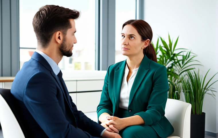 A professional female psychologist in a modest business suit, seated comfortably, engaged in an active listening pose with a male client. The male client is in professional attire, speaking calmly, demonstrating deep thought. They are in a modern, well-lit therapy office, designed with a calming color palette and a few green plants. The atmosphere is one of trust, empathy, and professional guidance. Fully clothed, appropriate attire, professional dress, safe for work, appropriate content, family-friendly. Perfect anatomy, correct proportions, natural pose, well-formed hands, proper finger count, natural body proportions. Professional photography, high quality, realistic.