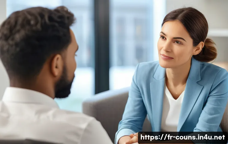 상담심리사로 성공한 사람들의 스토리 - A compassionate female psychologist, in her late 30s, with a warm and understanding expression, is s...