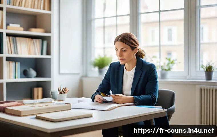 상담심리사로서 자격 유지 요건 - A professional French psychologist in a modern, bright office setting, attentively listening to a cl...