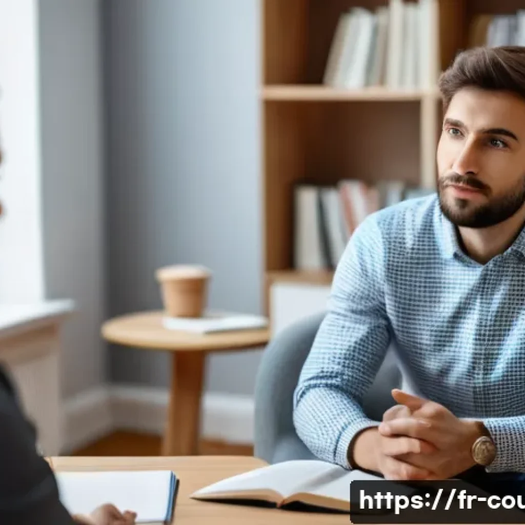 상담심리사와 관련된 추천 자격증 - A professional French psychologist in a cozy office setting, attentively listening to a client durin...