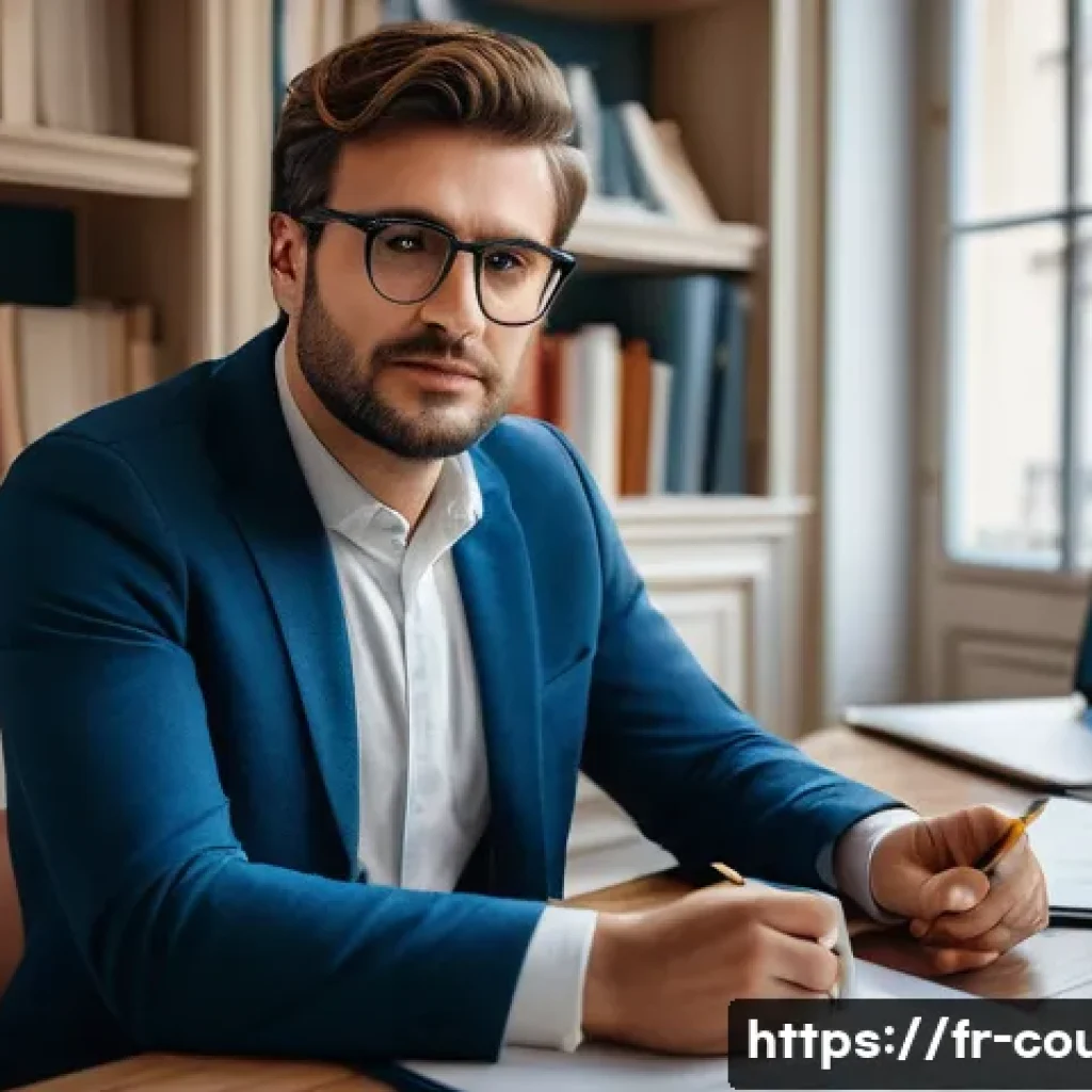 상담심리사 연봉 협상 팁 - A professional psychologist in a modern Parisian office, wearing smart casual attire and glasses, en...