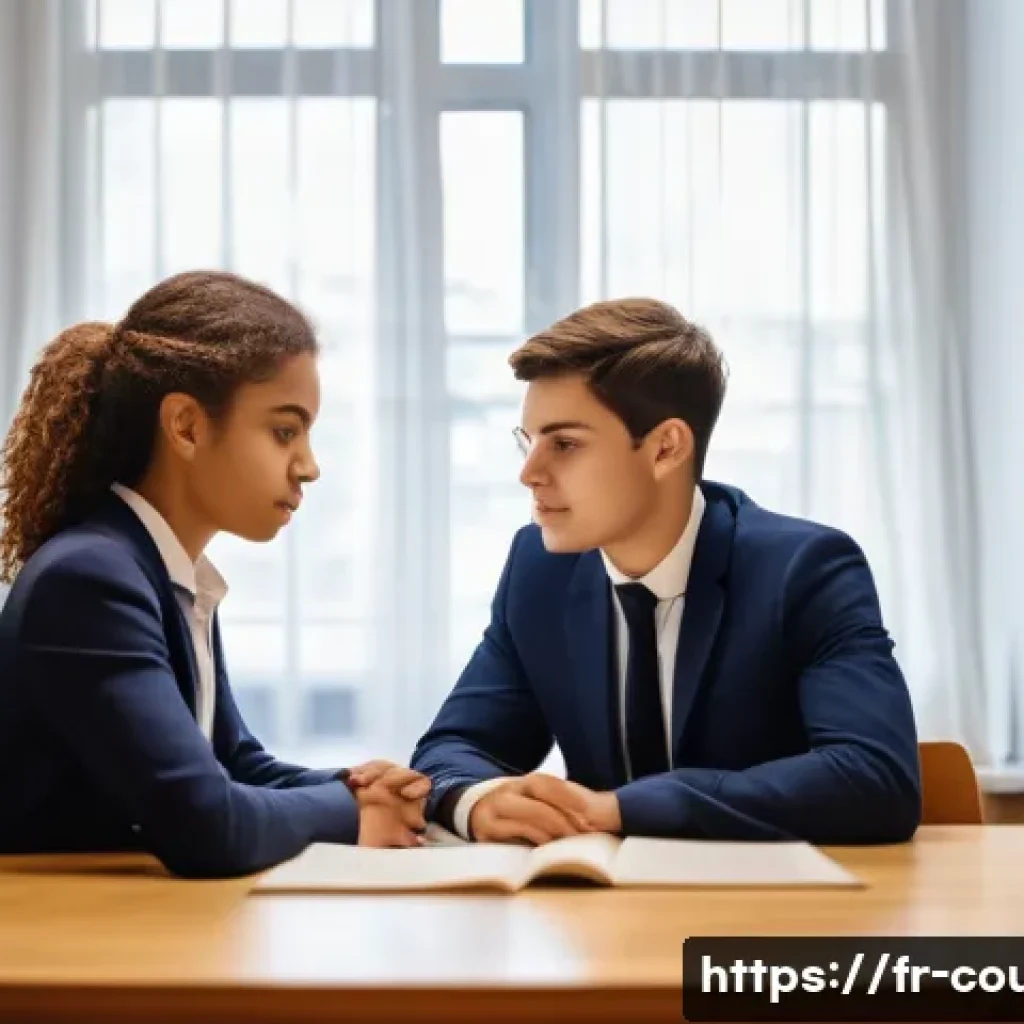 상담심리사 관련 강의자료 공유 - A serene counseling session in a modern French school setting, featuring a compassionate psychologis...