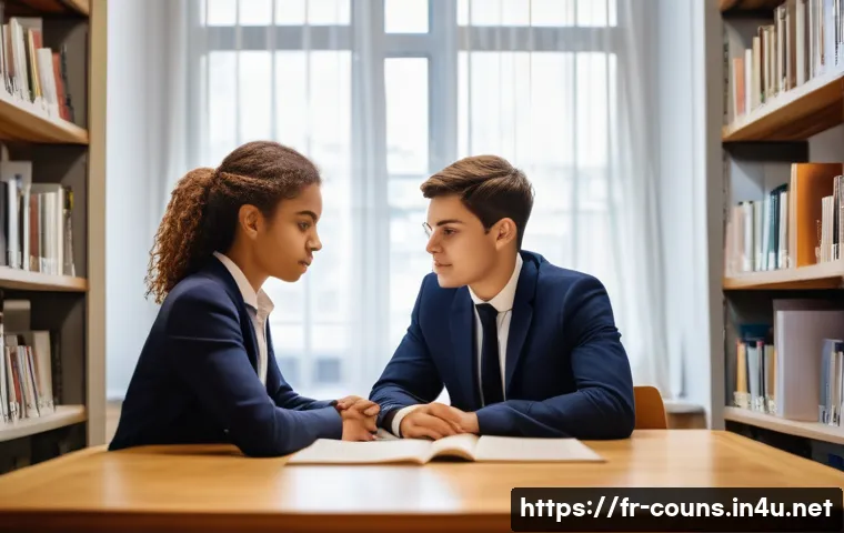 상담심리사 관련 강의자료 공유 - A serene counseling session in a modern French school setting, featuring a compassionate psychologis...