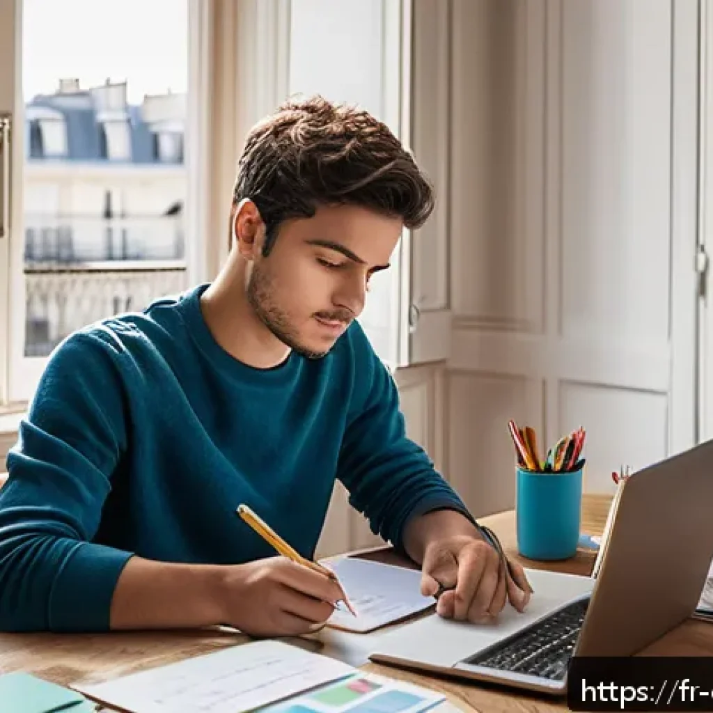 상담심리사 자격증과 관련된 시험 일정 - A focused young adult studying at a cozy home desk in a bright, modern Parisian apartment, surrounde...