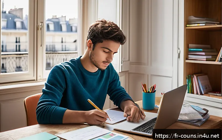 상담심리사 자격증과 관련된 시험 일정 - A focused young adult studying at a cozy home desk in a bright, modern Parisian apartment, surrounde...