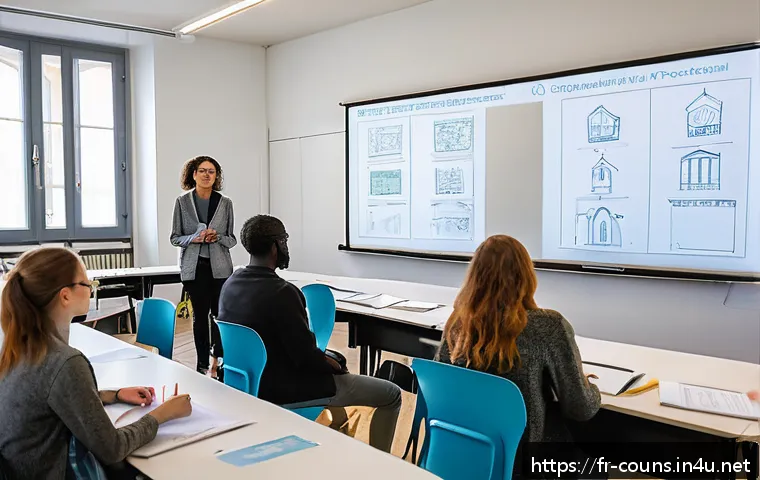상담심리사와 심리학 석사과정의 연계성 - A diverse group of psychology students in a modern French university classroom, attentively particip...