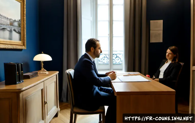 상담심리사 직업윤리 가이드라인 - Photorealistic French counseling psychologist in a calm Paris consultation office, warmly listening ...